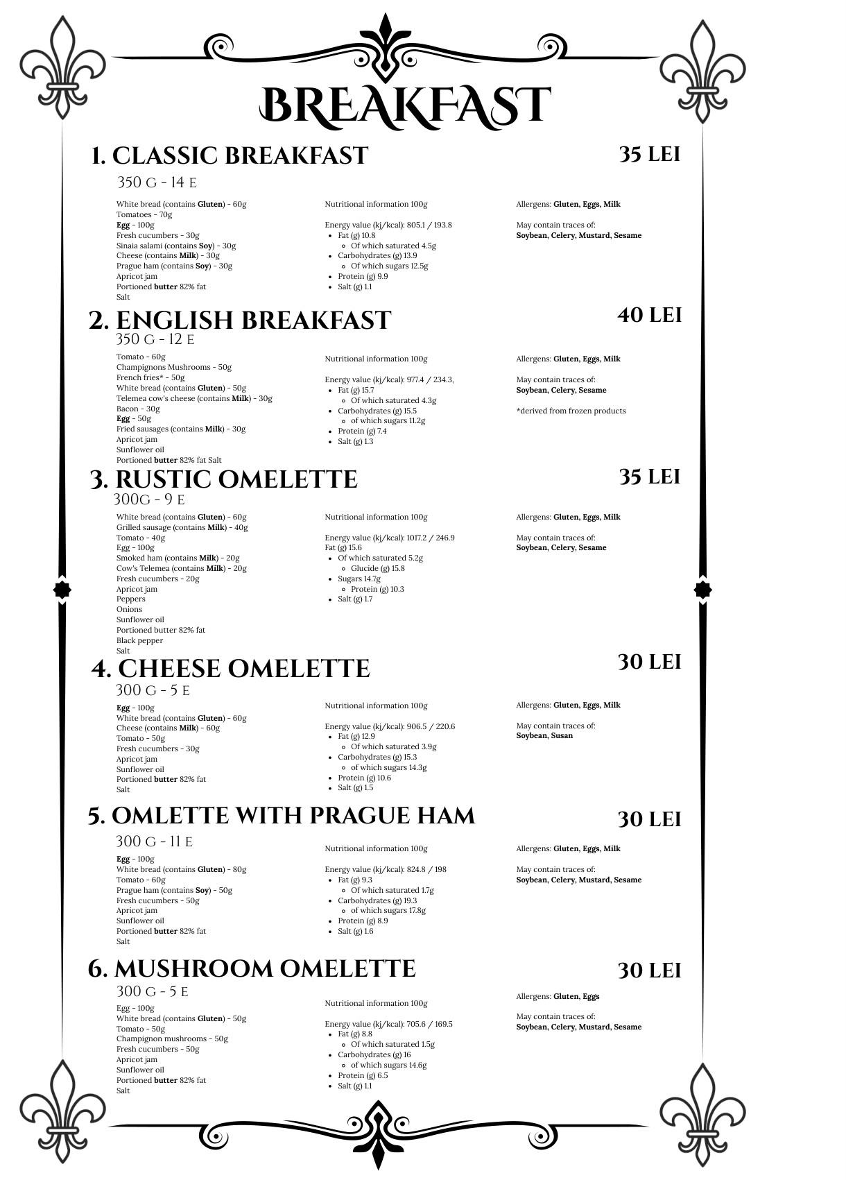 Breakfast menu, first page