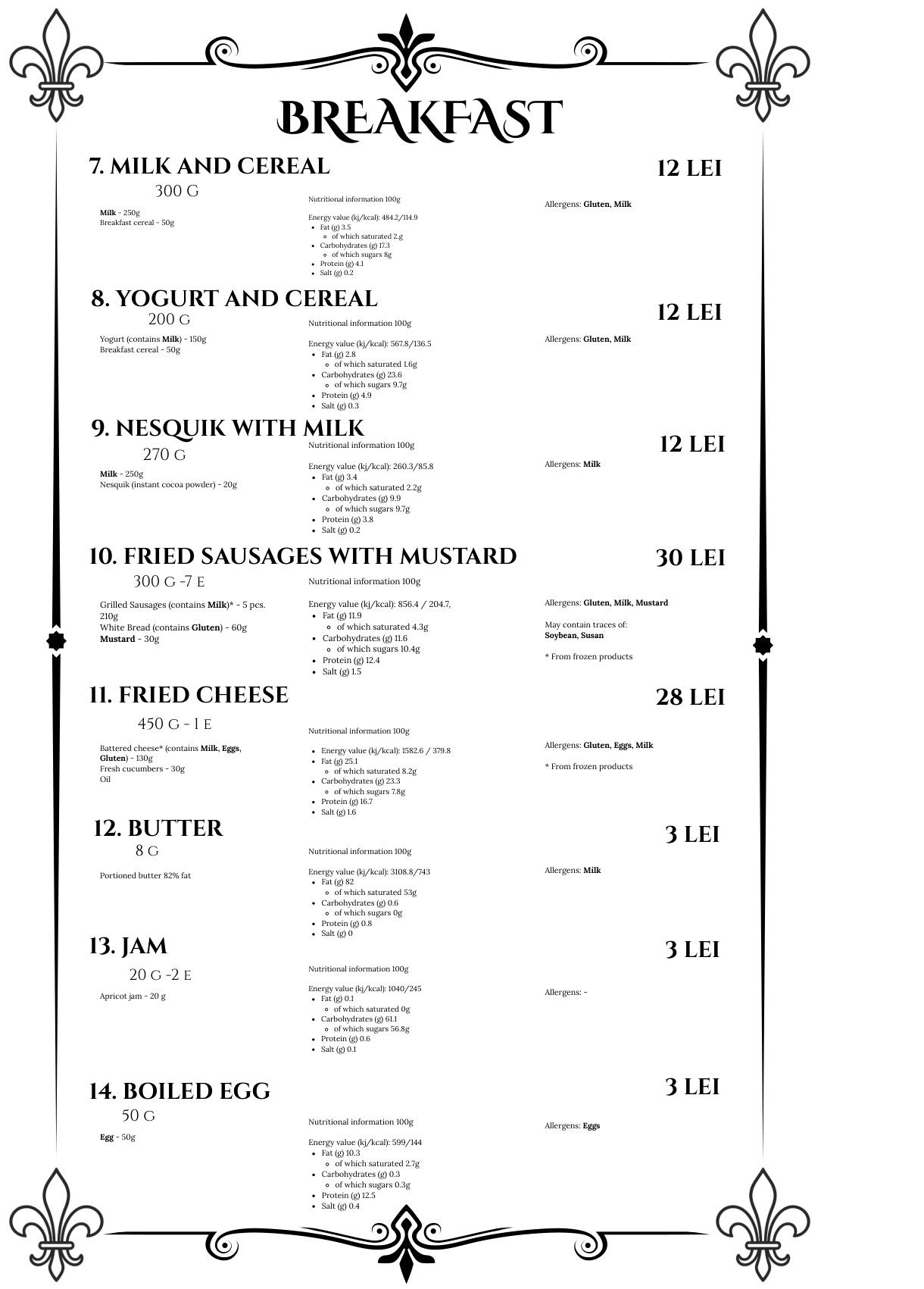 Breakfast menu, second page