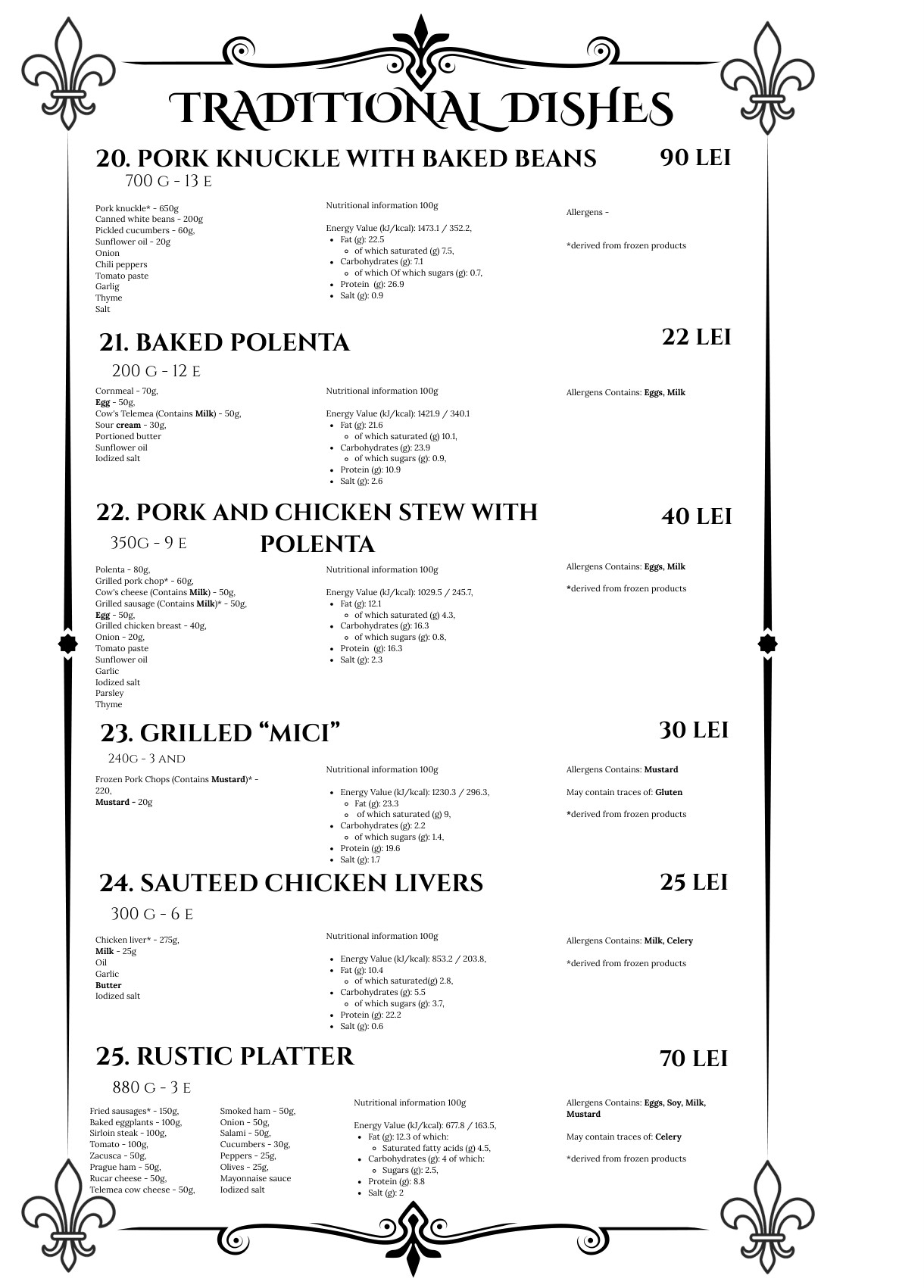 Traditional dishes menu
