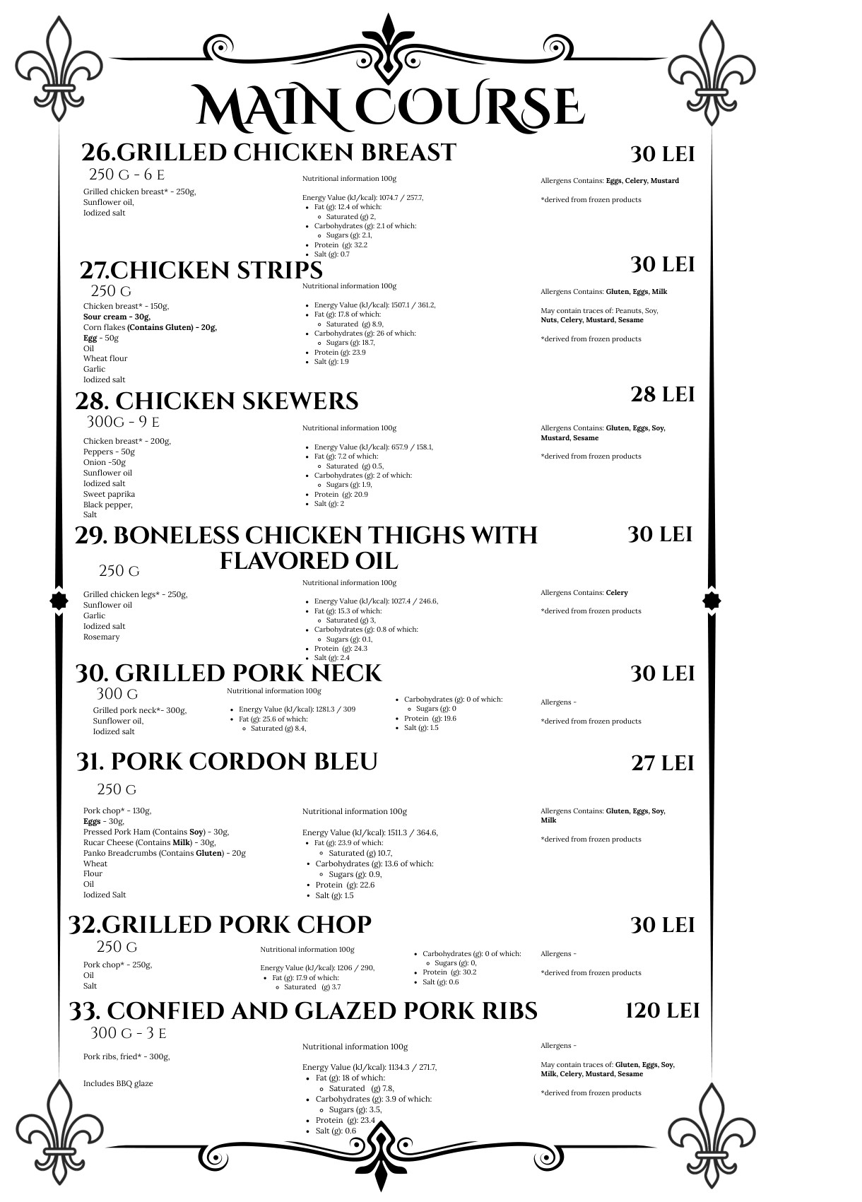 Main course menu, first page