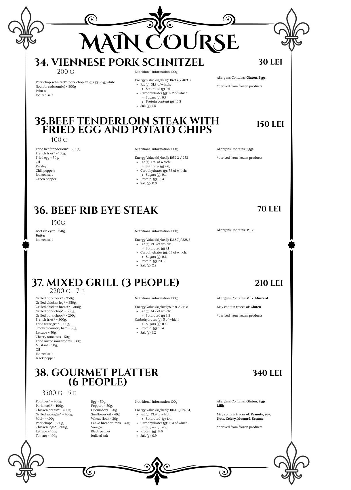 Main course menu, second page