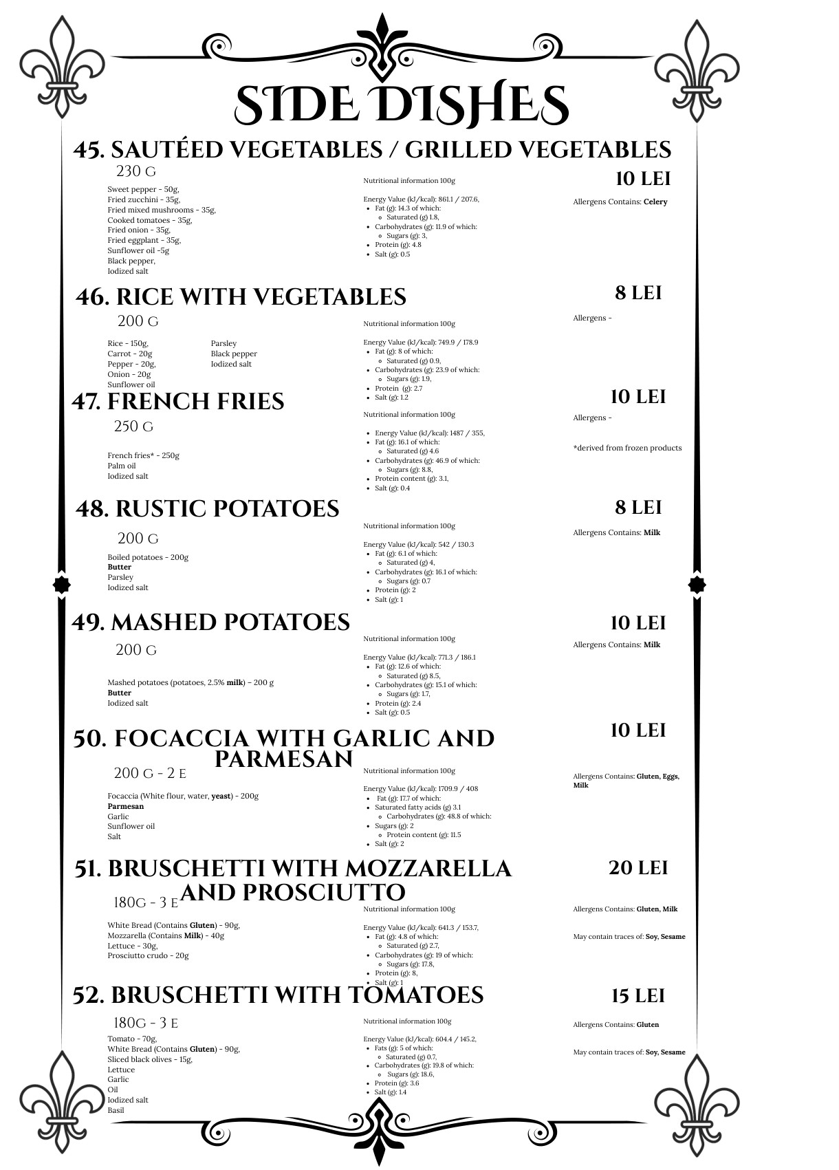 Menu Side dishes